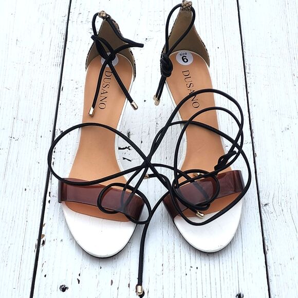 Dusano Women's White Brown Strappy Stiletto Snakeskin Heels Sz US 6 EU 36 - Picture 3 of 7